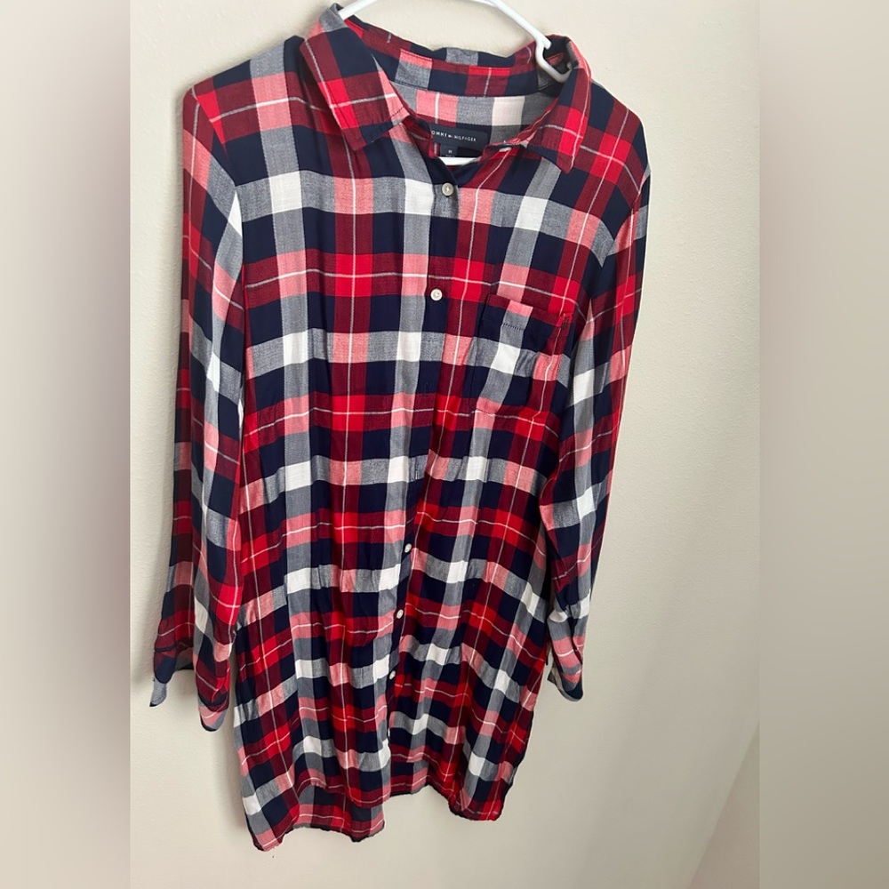 Tommy Hilfiger- Red and Blue Plaid Button-Up Sweater Shirt